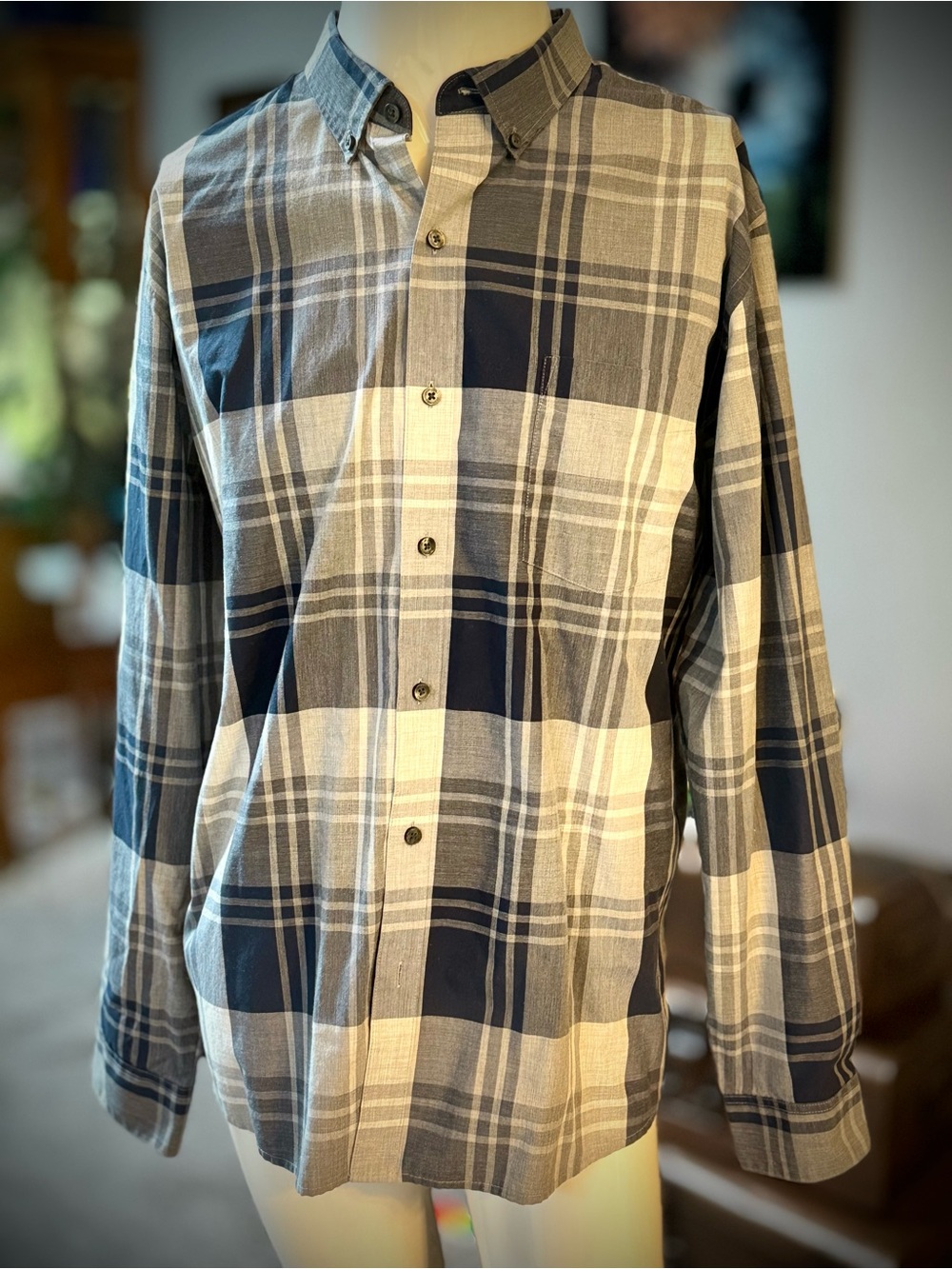 Van Heusen Men's Plaid Button-Down Shirt in Navy and Gray